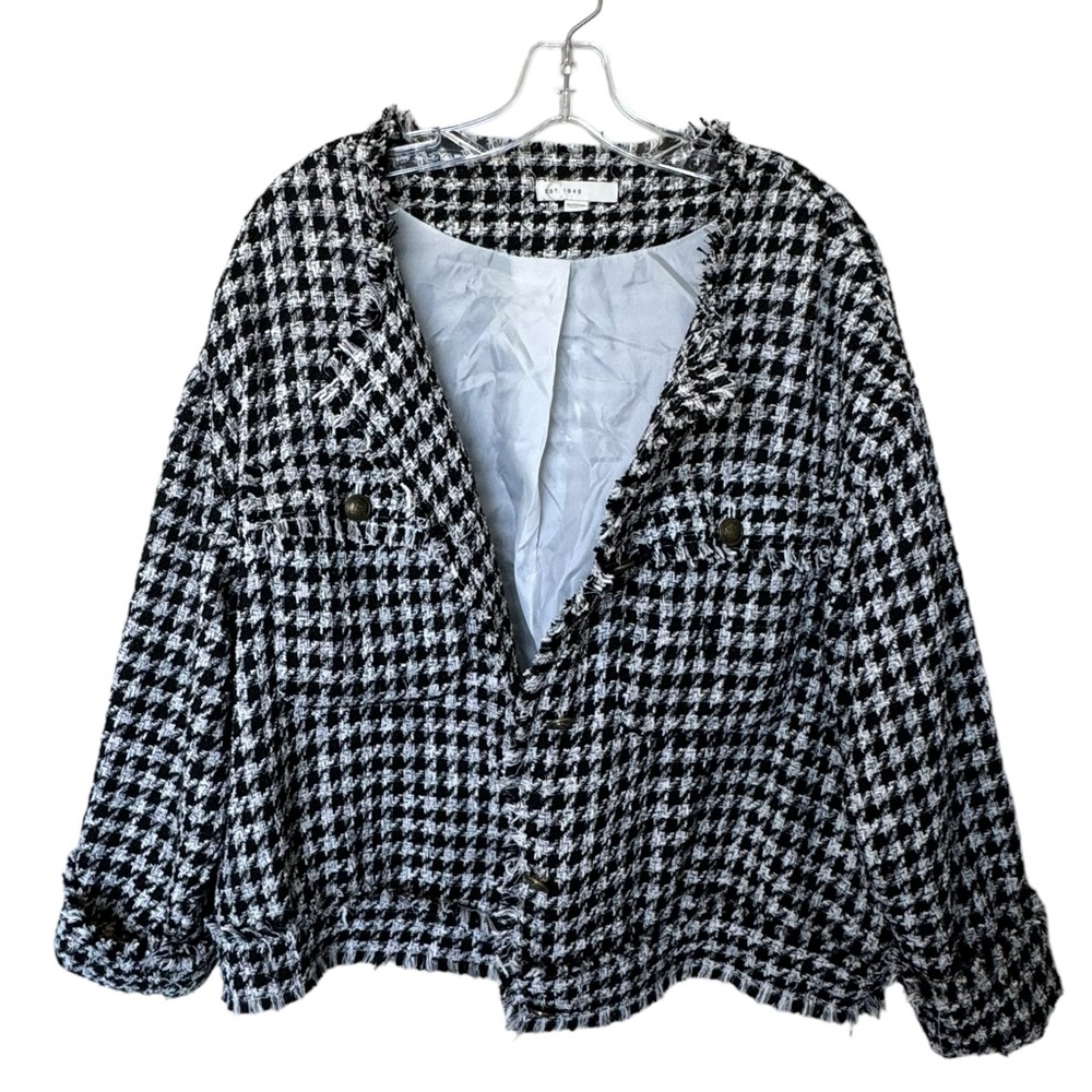 C Est. 1946 Houndstooth Button Up Fringe Jacket Black White  Size 18/20 W